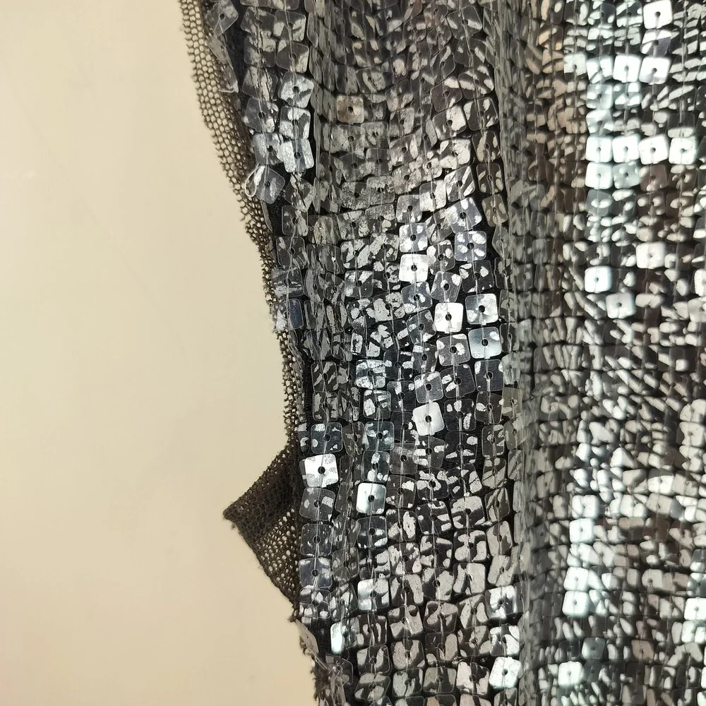 Free People Sequin Mini Dress Womens Medium Sheer Mesh V-Neck Party Glam Silver